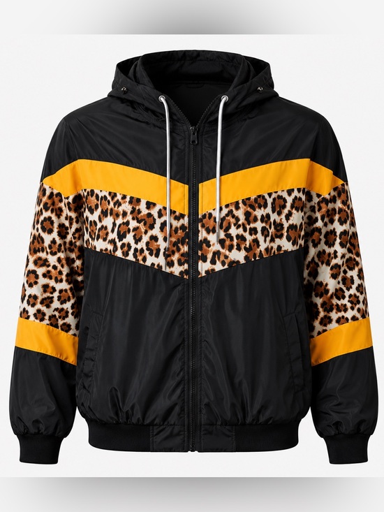 Unknown Jackets & Blazers - Black & Leopard Print Windbreaker Hooded Track Jacket With Pockets Size L